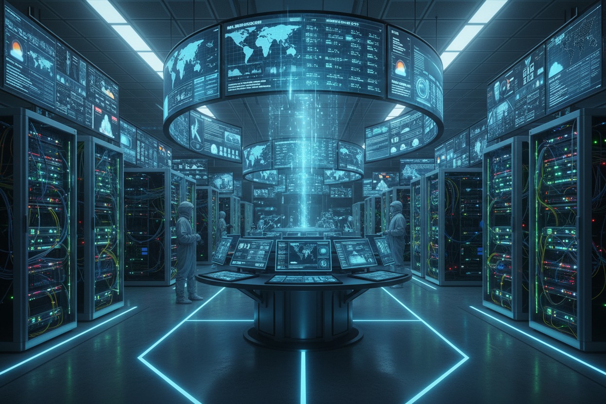 A high-tech control room glows with blue light, featuring rows of server racks, multiple computer monitors, and circular overhead displays showing data maps.