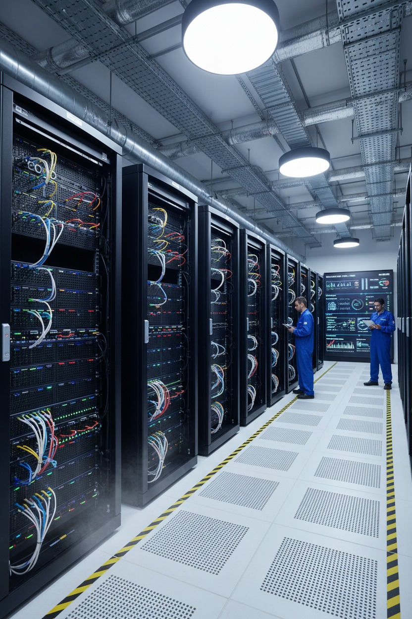 Two technicians in blue work coveralls inspect server racks in a brightly lit data center.