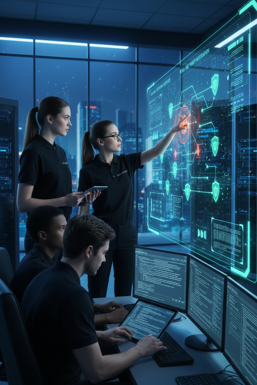 Four IT professionals in a server room analyze data on computer screens and a glowing digital interface.