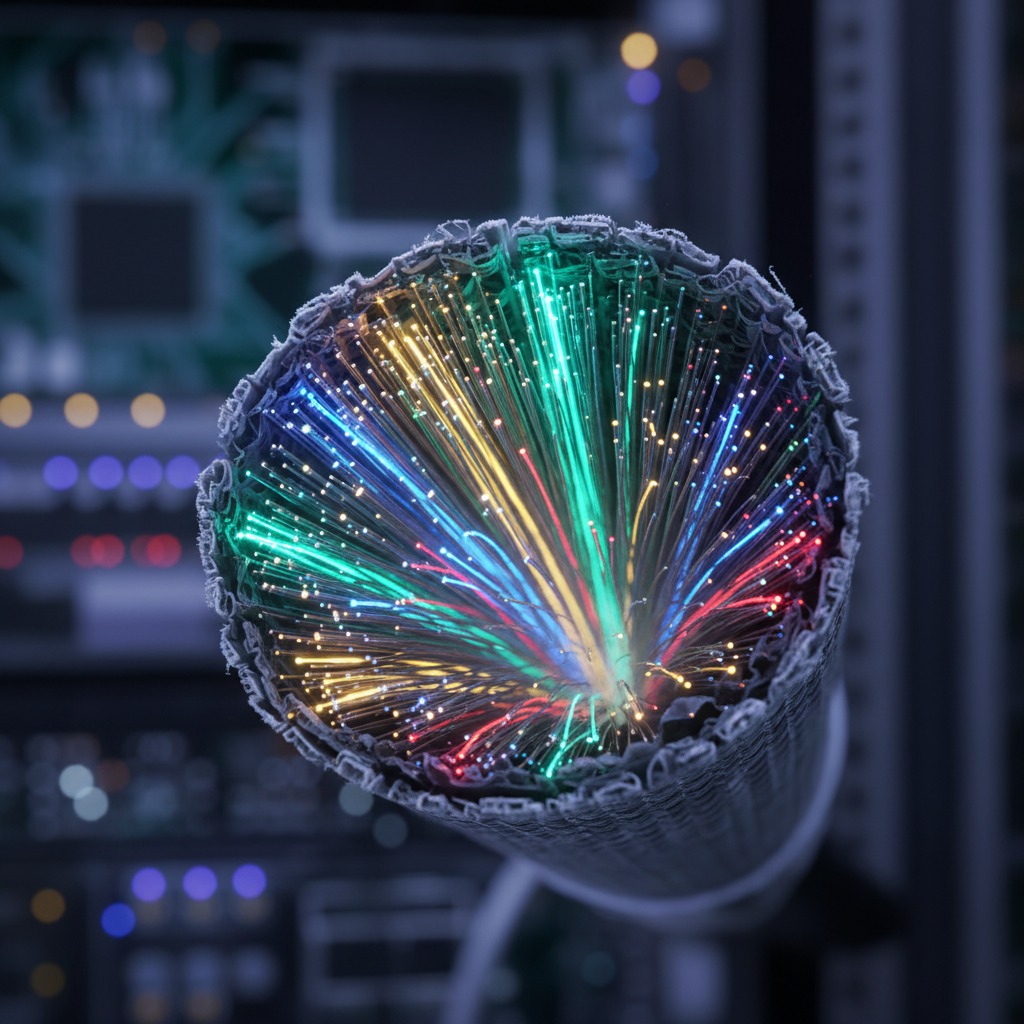 A close-up view shows the cut end of a thick fiber optic cable revealing a bundle of glowing green, blue, yellow, and red glass fibers inside a server room.